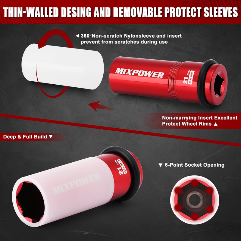 MIXPOWER 7PCS 1/2" Drive Wheel Protector Impact Socket,Thin Wall Deep
