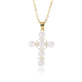 Jumcew Cross Necklace for Women,14k Gold Plated Cross Pendant Necklace Trendy Gold Cross Chain Necklace Dainty Cubic Zirconia Pearl Religious Necklace Gold Jewelry for Women Cross A