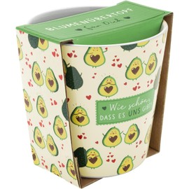 H:PPY life Flower Pot with Avocado Motif, Stoneware Flower Planter, Height 10.5 cm, with Saying and Gift Bandole, Gift Flowers, Birthday, 47565