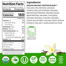 Orgain Organic Vegan Protein Powder + Oat Milk, Vanilla Bean - 20g Plant Based Protein, Gluten Free, No Dairy, Soy or Lactose Ingredients, Low Sugar, Non-GMO, Kosher, For Shakes & Smoothies - 1.05lb