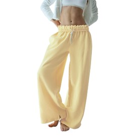 Lumister Womens Wide Leg Long Pants Drawstring Elastic Waist Y2K Casual Loose Sweatpants with Pocket(0742-Lightyellow-XL)