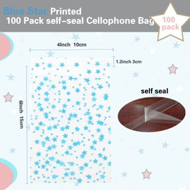 COQOFA 100 Pcs Star Printed Sealable Gift Wrap Cello Cellophane Bags Self sealing Adhensive Treat Bags Party Favor bags (4x6inch, Blue)
