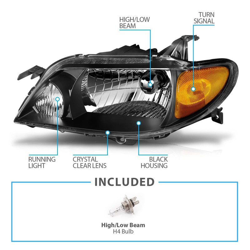 AmeriLite Crystal Headlights Black Amber for Mazda Protege - Passenger