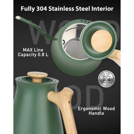 Harriet Gooseneck Electric Kettle - 1200W Fast Heat, 0.8L Stainless Steel, Precision Temp Control & Timer, Wood Handle, Pour Over Coffee and Tea, Green