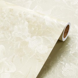 YENHOME Beige Wallpaper Textured Peel and Stick Wallpaper 17.7"X200" Renter Friendly Butterfly Floral Wallpaper for Bedroom 3D Embossed Removable Beige Contact Paper for Cabinets and Drawers Walls