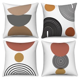 Boho Cushion Cover, 45 x 45 cm, Set of 4, Hnmdmyi Mid Century Abstract Geometric Circle Stripes Decorative Cushion Covers Modern Minimalist Linen Cushion Cover for Sofa Couch Bed Garden Outdoor Home