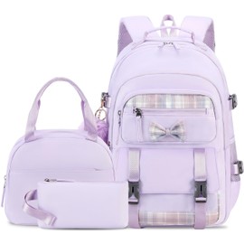 Hey Yoo Cute School Backpack for Girls Backpack for School Bag Bookbag Set with Lunch Box Teen Girl Backpacks for Girls Teens (Purple)