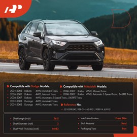 A-Premium Front Prop Drive Shaft Assembly Compatible with Dodge Dakota 2001-2007, Durango 2001-2003 & Mitsubishi Raider 2006-2007, 4WD only, (end to end 26.5"), Replace# 52105982AC