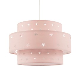 Unique and Modern Triple Tier Soft Pink Cotton Fabric Childrens Pendant Shade with Stars Decoration | 30cm Diameter | 11w Maximum by Happy Homewares