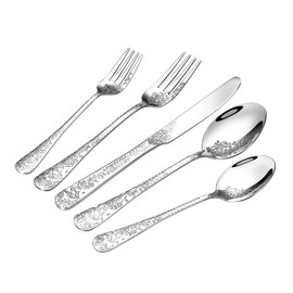 Floral 40 Pcs Silverware Set for 8, Food Grade Stainless Steel Flatware Set with Rose Flower Embossed Design, Eating Utensils Sets Include Fork/Knife/Spoon, Reusable Cutlery Set, Dishwasher Safe