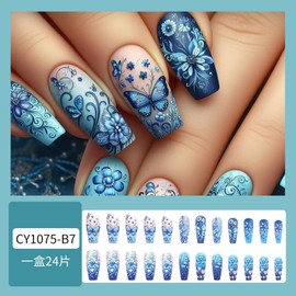 24Pcs Spring Press on Nails Medium Blue Gradient Fake Nails Medium Coffin False Nails with Butterfly Heart Flower Design Full Cover Artificial Glue on Nails Glossy Stick on Nails for Women Manicure