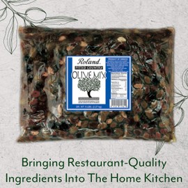 Roland Foods Greek Country Olive Mix, Whole Pitted Olives Marinated with Garlic and Pepperoncini Peppers, Specialty Imported Food, 5 Pound Bag, Pack of 1