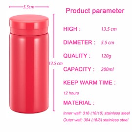 Small Thermos Flasks Stainless Steel - Cute Water Bottle, Vacuum Insulated Bottle for Hot and Cold Drinks (BPA Free, Carnation Red, 200 ml)