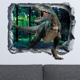 SMAOSTORE 3D Broken Wall Stickers Dinosaur Cute Animals Stylish Kids Room Bedroom Living Room Bedroom Girls Background Wall Sticker Waterproof Removable Wall Sticker