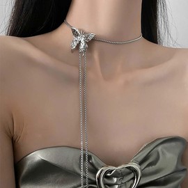 Inilbran Boho Butterfly Long Chain Necklace Silver Butterfly Y Necklace Choker Long Chain Butterfly Necklace Vintage Butterfly Pendant Necklace Jewelry for Women and Girls