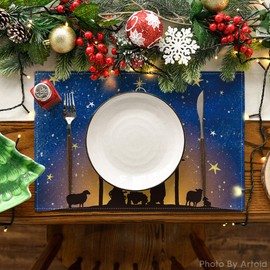 Artoid Mode The Lord Blue Sky Christmas Placemats Set of 8, 12x18 Inch Seasonal Winter O Holy Night Table Mats for Party Kitchen Dining Decoration