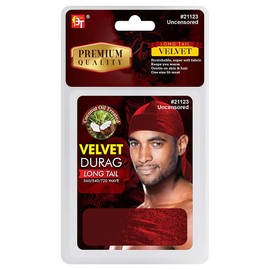 Beauty Town Velvet Long Tail Durag for 360 Waves Soft Stretchable Coconut Oil Treated (Red)