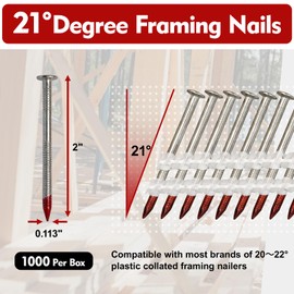 FMhotu 21 Degree Framing Nails 2" x .113" 1000PCS Ring Shank Plastic Collated Nails for 20-22 Degree Framing Nailer Gun, Hot Dipped Galvanized Full Round Head Framing Nails for Decking Sheathing