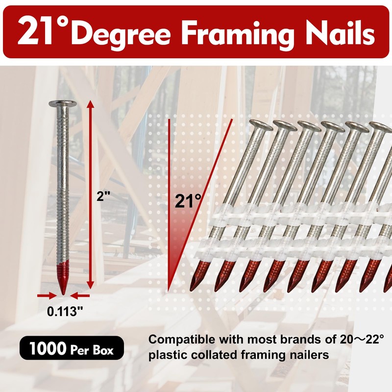 FMhotu 21 Degree Framing Nails 2" x .113" 1000PCS Ring