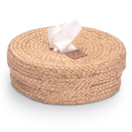 Decorasian Tissue Dispenser for Cosmetic Tissues Box, Braided Jute - Tissue Box with Lid - Cosmetic Tissue Dispenser in Boho Style - Round