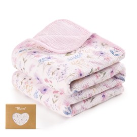 TILLYOU Set di 1 coperta in mussola a 4 strati, 75 x 100 cm, 100% cotone, motivo floreale viola