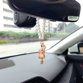 Double-side Cat Rear View Mirror Accessories, Cute Car Decor for Women, Pearl Chain Mini Cats Car Charms Rearview Mirror Accessories