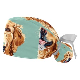2Pcs Golden Retriever Pattern Scrub Caps Button Sweatband Adjustable Working Cap Surgical Cap Nurse Hats Women Men Multicoloured