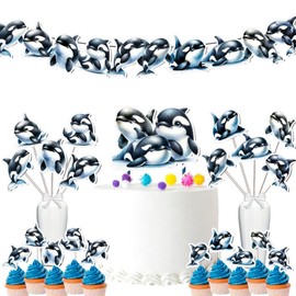 Orca Themed Party Decor Set - Majestic Ocean Adventure Kit for Birthdays & Baby Showers, Includes Banners, Centerpieces, Cupcake Toppers