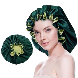 Silk Bonnet for Sleeping Satin Bonnets Double Layer Reversible Hair Cap Bonnet for Women Long Curly Braid Hair (Pink):_Dark Green_Medium