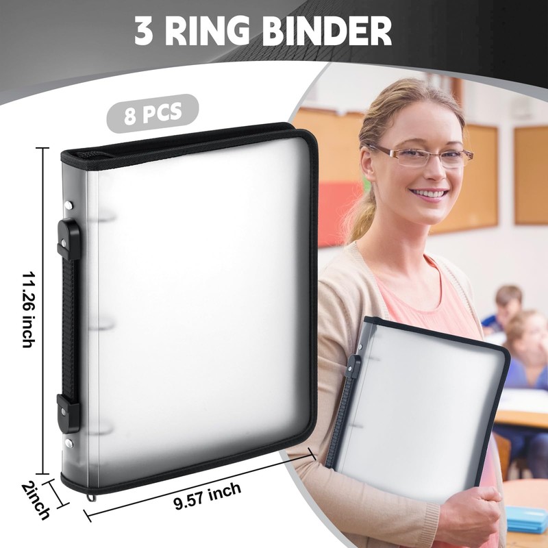 Teling 8 Pack Zipper Binder with 3 Ring Cover Zipper,