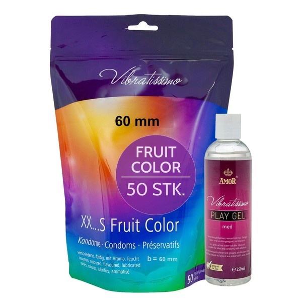 Vibratissimo Fruit Colour Condoms Pack of 50 & Lubricant Set – Condoms for Men – Resealable Bag & Real Feel – Colourful Condoms – Super Delicate – W = 60 mm