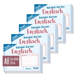 Häfft A8 Vocabulary Cards for Learning English, Ruled, Pack of 500, 2 Sides: English & German, Traffic Light Principle for Long-Term Memory, Suitable for Standard Index Card Boxes, Handy for Travelling
