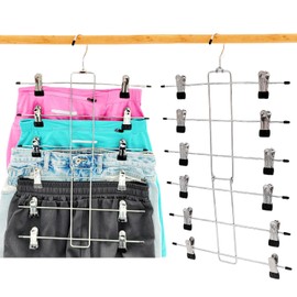 Ivosmart 2 Pack Pants Hangers, 6 Tiers Skirt Hangers with Clips, Metal Non-Slip Space Saving Hanging Clothes Hangers with 360° Swivel Hook, Skirt Hangers for Women (Silver)