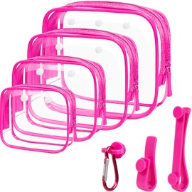 4 Packs Clear Beach Tote Bag Accessories Insert with 4 Hooks, Phone Holder for Beach Bags Makeup Clean Toiletry Brush Organizer Divider Storage Inner Compatible Pouch Travel Cosmetic Pouch (Rose Set)