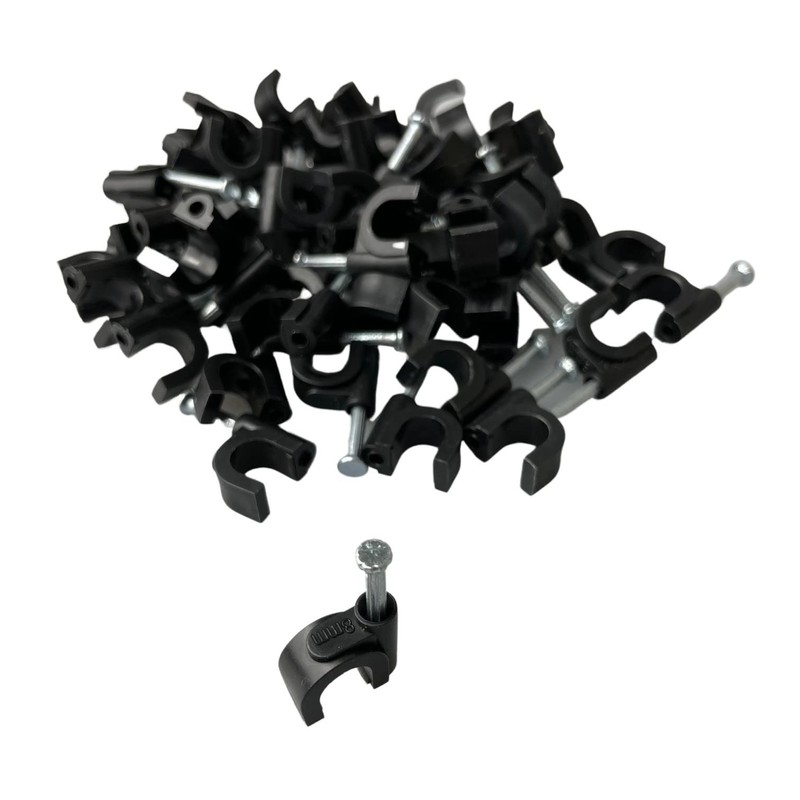 100 x 8mm Black Round K-Type Cable Clips with Nail