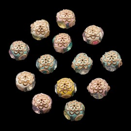 LiQunSweet - 5 abalorio coloridas de arcilla polimérica de Abacus Indonesia con diamantes de imitación con patrón de flores Rondelle, abalorio étnicas para bricolaje, joyería, pulseras, collares