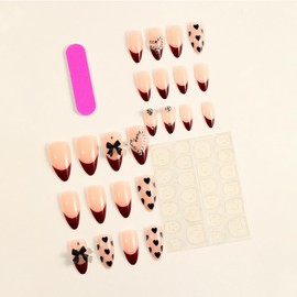 Heart Bow Press on Nails Short Almond French Tip Fake Nails with Charms Rhinestones Designs Glossy Glue on Nails Cute False Nails Valentines Acrylic Nails Stick on Nails for Women Manicure 24Pcs