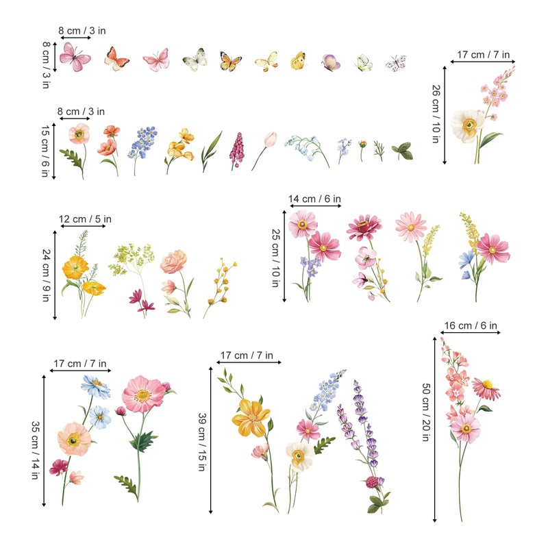 decalmile Summer Garden Flower Wall Decals Daisy Wildflower Grass Butterflies