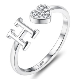 JeweBella 925 Sterling Silver Rings for Women Girls Adjustable Heart Initial Ring Stackable Thumb Ring Eternity Wedding Promise Engagement Rings A-Z Letter Rings Jewellery Gifts with Gift Box