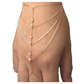 Inilbran Boho Layered Finger Bracelet Gold Rhinestone Finger Ring Bracelet Crystal Ring Link Bracelet Vintage CZ Slave Bracelet Jewellery for Women and Girls, Metal