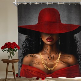 MESHELLY Red Black Girl Shower Curtain 60Wx72H African American Inspirational Quotes Shower Curtain Black Woman Shower Curtain Fashion Hat Afro Lady Modern Cool Bathroom Decor Fabric with 12 Hooks