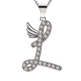 B.Catcher Women Necklaces Cubic Zirconia Jewellery, Initial Pendant S925 Sterling Silver Alphabet Necklace(Wing L)