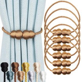 Hangtty Magnetic Curtain Tiebacks 6 Pack Rope Decorative Curtain Tie Backs Elegant Curtain Holders for Drapes Outdoor Window Treatment Holdbacks, Khaki