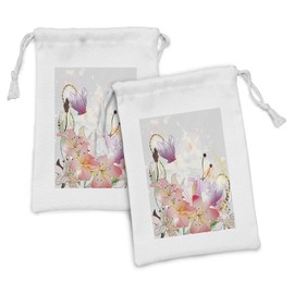 Lunarable Floral Fabric Pouch Set of 2, Lily Blossoms in Soft Pastel Tones Enchanted Bridal Inspired Romance Love Print, Small Drawstring Bag for Toiletries Masks and Favors, 9" x 6", Multicolor