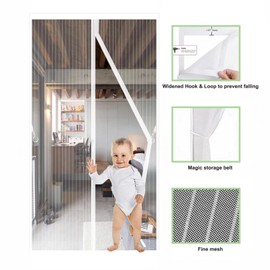 JIANJIAO Magnetic Screen Door mesh Curtain White Self Sealing,Heavy Duty,Hands Free Mesh Screen Door with Magnets Screens Door Curtain French Doors with Magic Storage Belt-White-110x210cm