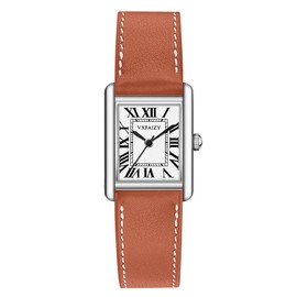 VXFAIZY Rectangular Watch for Women with Vintage Roman Number and Leather Strap (Khaki Silver)