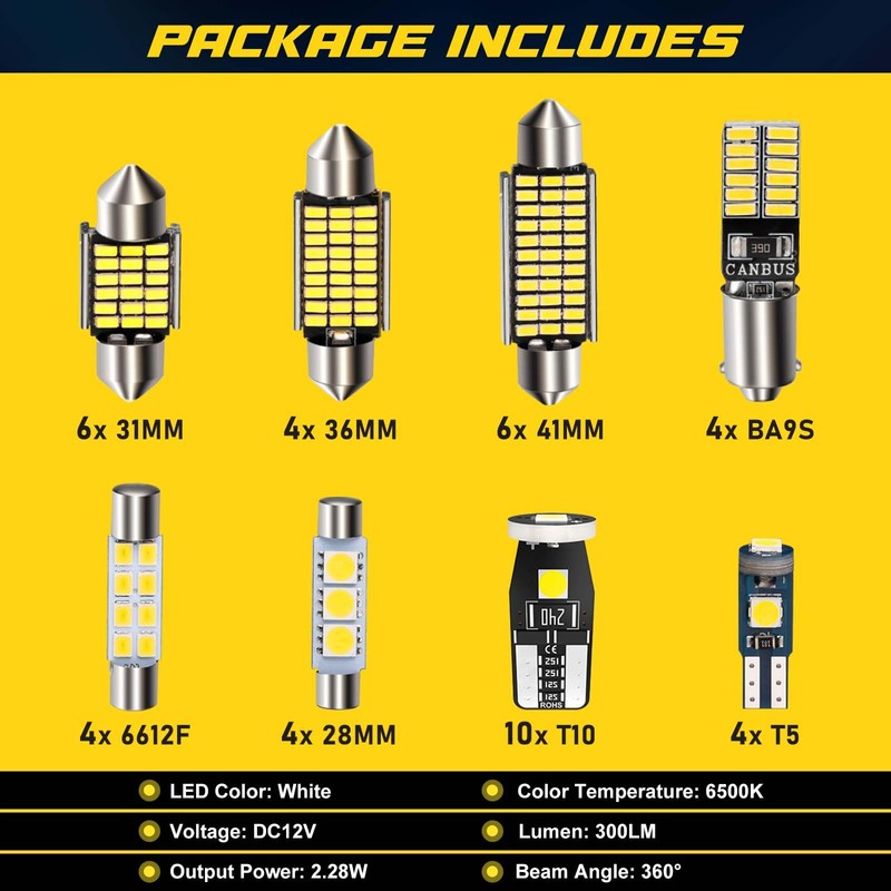 Spurtar 42PCS Interior Car Lights Superior Brightness White Dome Map
