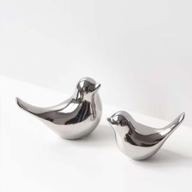 Tibeoyad 2 Stück Kleine Vögel Statuen, Keramik Vogel, Moderne Tier Vogel Skulpturen für Landschaft Garten Home Office Desktop Display Dekor (Silber)