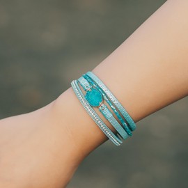 FANCY SHINY Leather Wrap Bracelet Boho Cuff Bangle Bracelets Crystal Bead Bracelet with Magnetic Clasp Trendy Jewelry Gifts for Women (7.7", Teal)