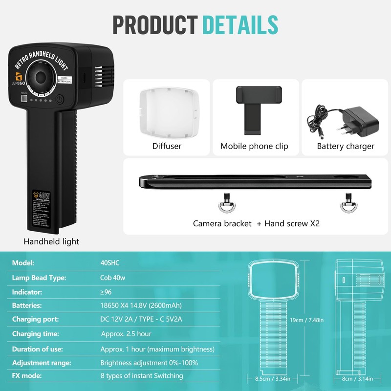 LENSGO 40SHC Retro Video Light with Phone/Camera Stand, Rechargeable 40W